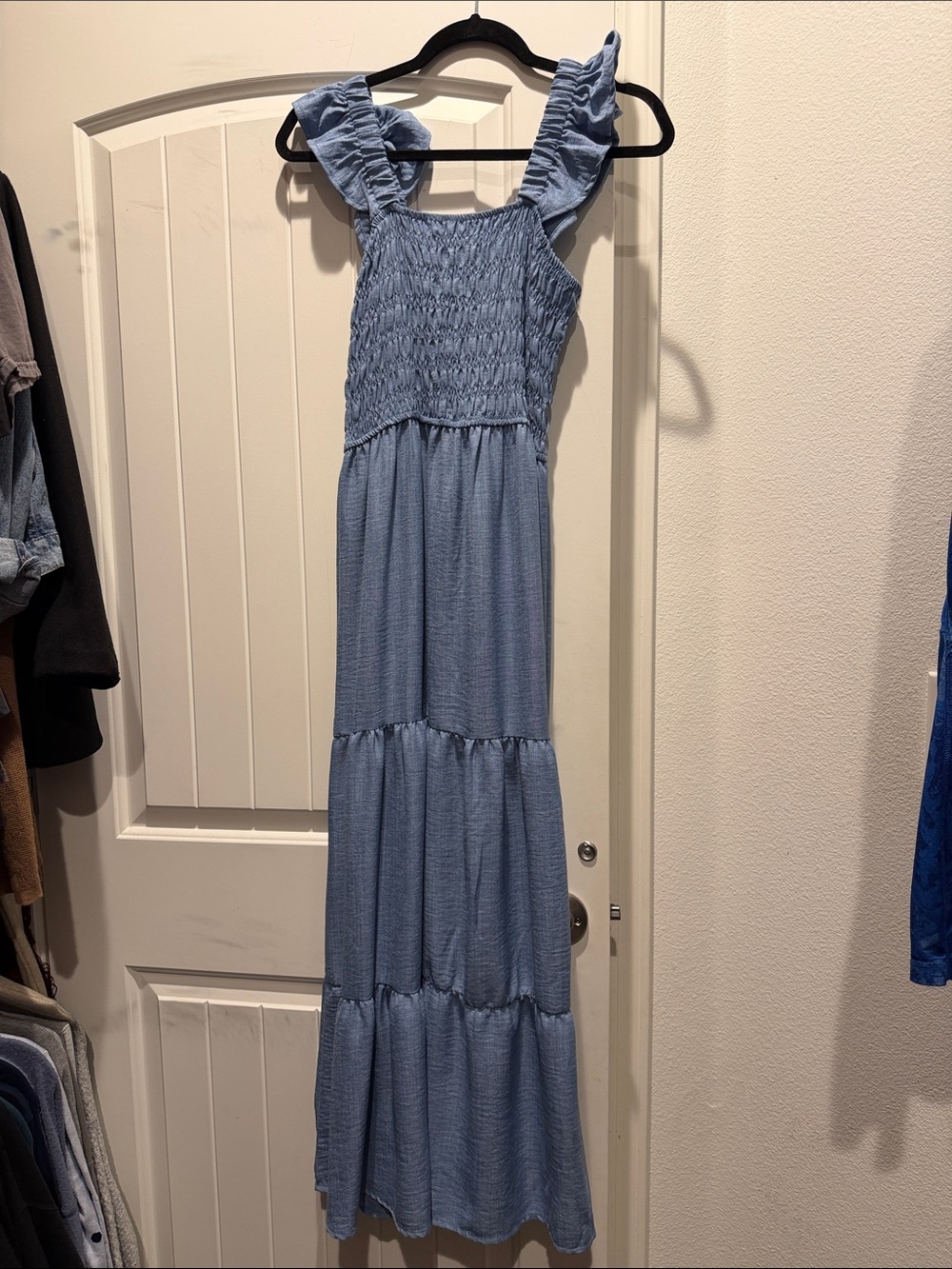 Smocked Maxi Dress with Ruffle Straps - Light Blue